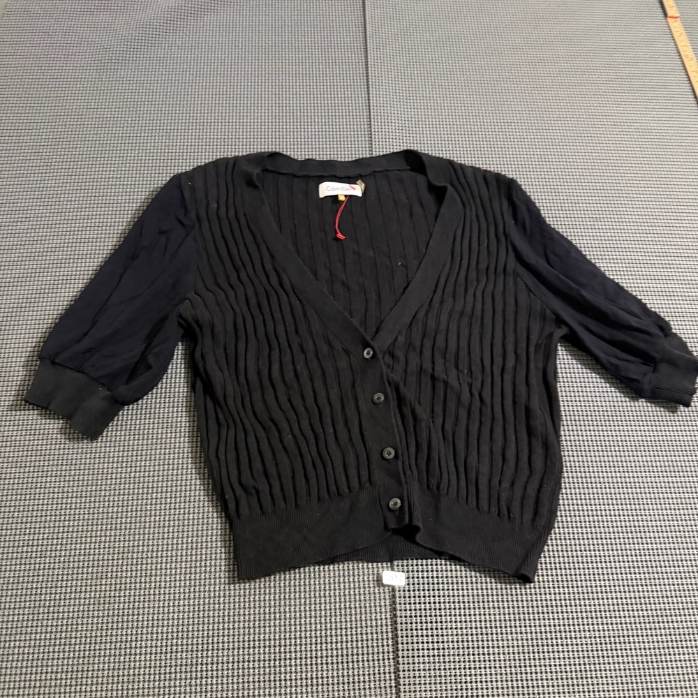 Calvin Klein Womens Black Ribbed V-Neck Short Sleeve Cardigan Size PL